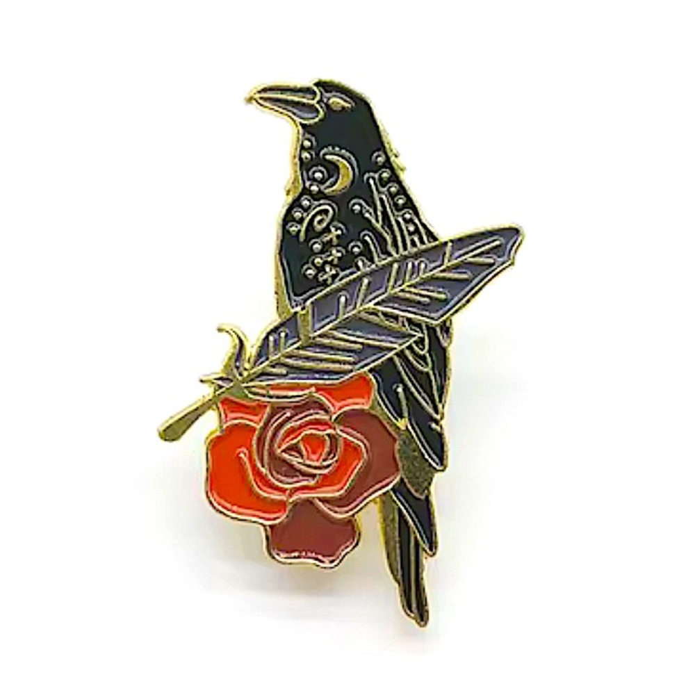 Celestial Black Raven Crow Gray Feather Red Rose Floral Enamel Pin Brooch - Picture 1 of 1